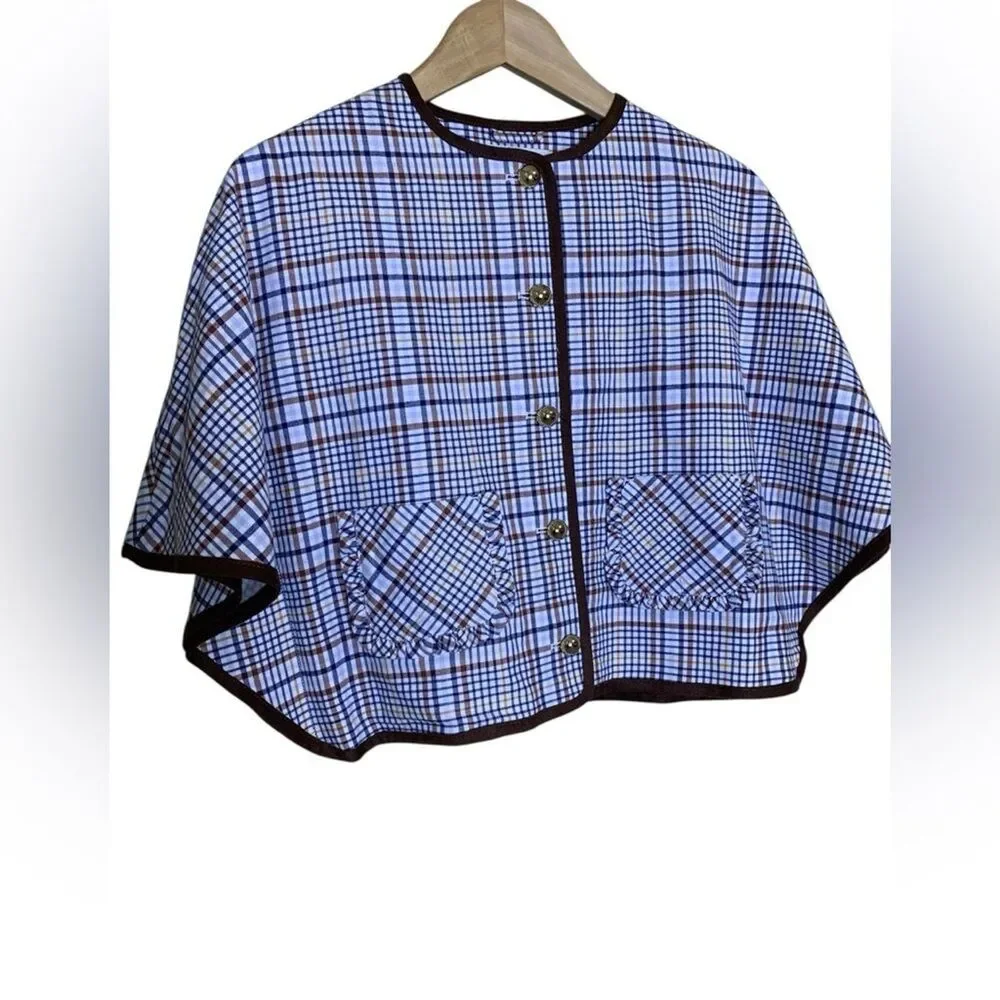 Janie and Jack Plaid Cape Jacket Blue Brown 100% Cotton Ruffle Pocket Girls 7-8